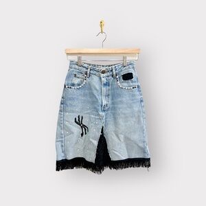 BANANA REPUBLIC Blue Denim Black Fringe Crystal Embellished Skirt (Sz 2)